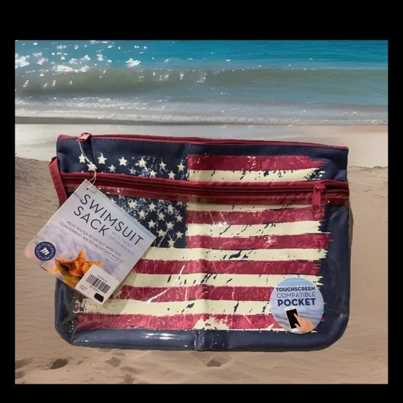 Swimsuit Sack with Front Zipper Pocket Touchscreen Compatible Top Zipper FLAG - Picture 1 of 11